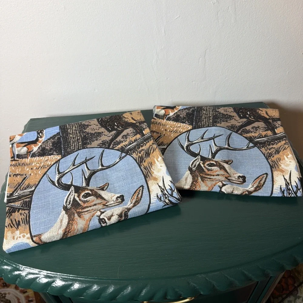 Vintage Linen Tea Towels Woodland Wildlife Animals Deer Elk Bison Cabin Decor 2